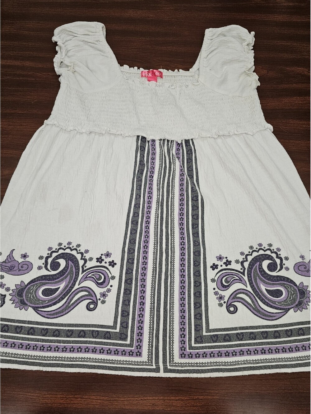 Mix & Co Womens Large White Smocked Paisley Print Boho Peasant Top Ruffle Sleeve